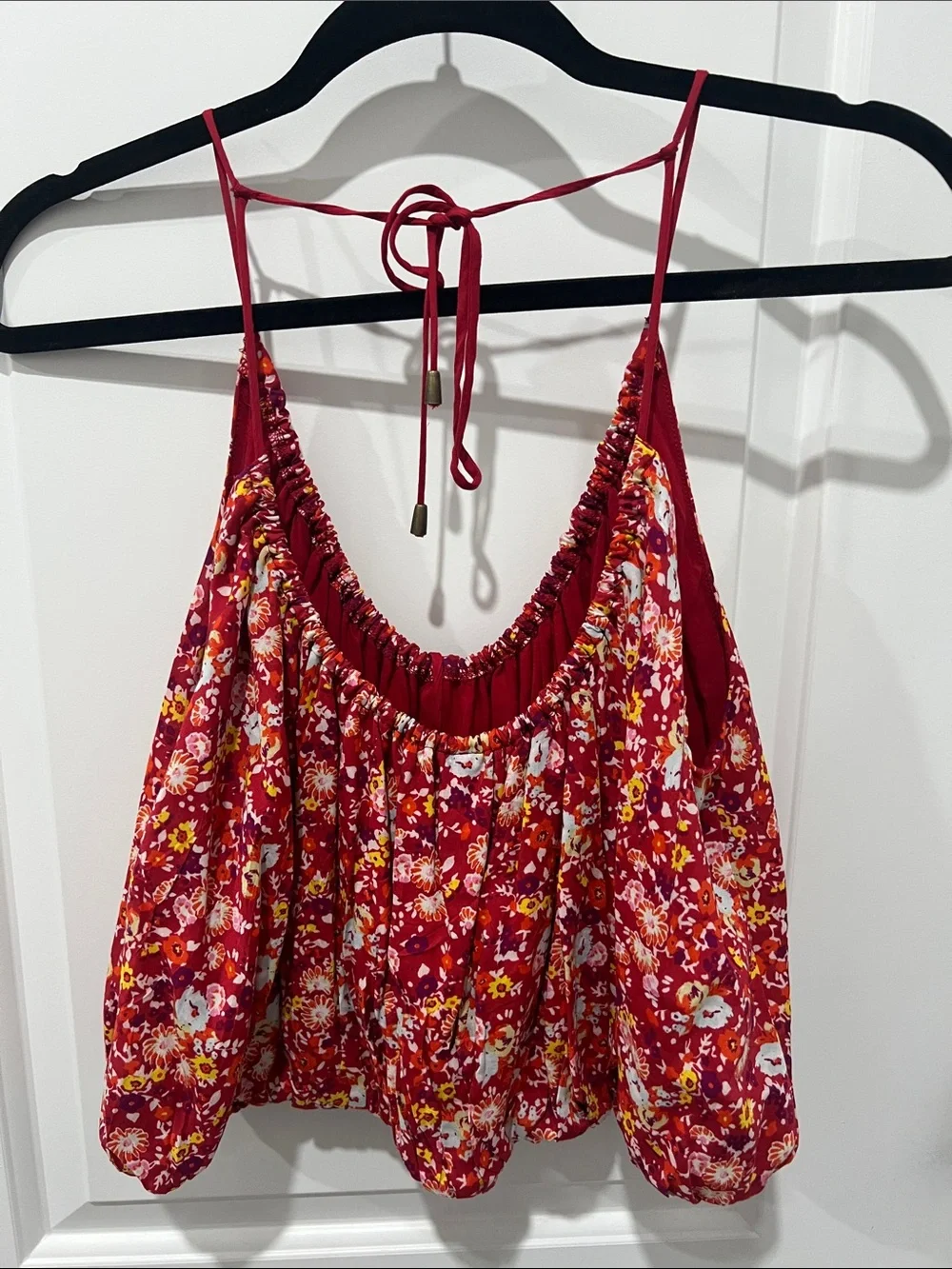 Free People Daisy Babe Red Floral Bubble Crop‎ Top Size Small